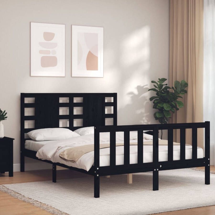 The Living Store Bedframe met hoofdbord massief hout zwart 140x200 cm Bedframe Bedframes Bed Tweepersoonsbed Slaapkamermeubel Houten Bedframe Houten Bed Bedbodem Massief Houten Bedframe Ledikant Bedframe Met Hoofdeinde - Foto 2