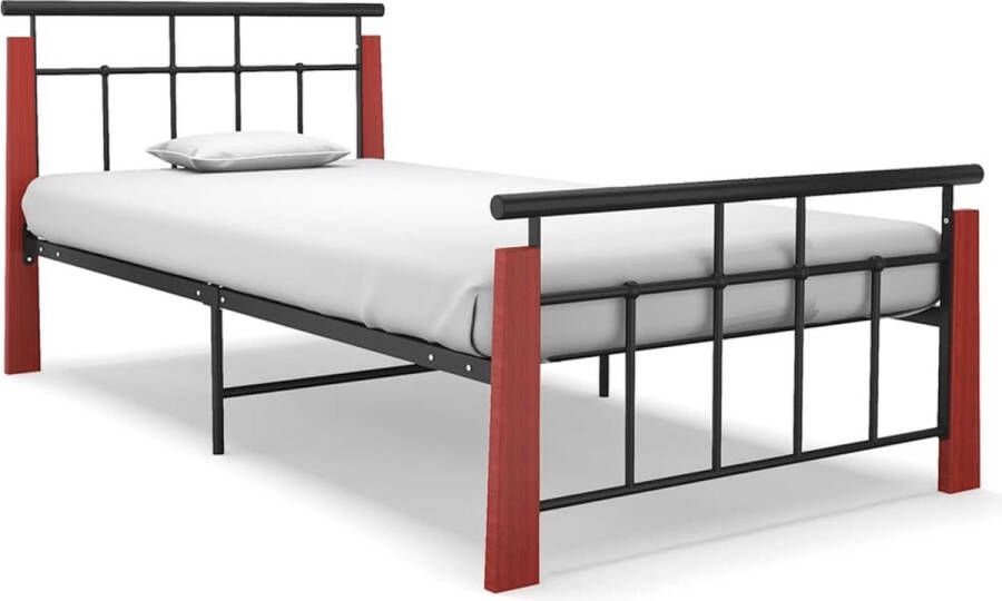 The Living Store Metalen Bedframe Comfort Beddengoed Afmetingen- 206 x 113 x 86 cm Metaalkleur- Zwart Materiaal- Gepoedercoat metaal en massief eikenhout Geschikte matras- 100 x 200 cm Montage vereist