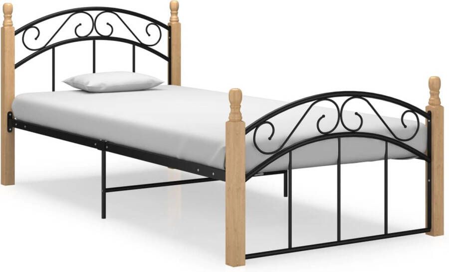 The Living Store Bedframe metaal en massief eikenhout zwart 100x200 cm Bedframe Bedframes Bed Bedden Frame Frames Eenpersoonsbed Eenpersoonsbedden Bedombouw Bedombouwen Metalen Bed