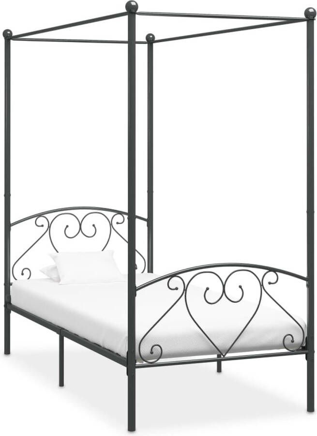The Living Store Metalen Hemelbedframe Grijs 209 x 127.5 x 198 cm Massief metaal Met bovenframe voor gordijnen Montage vereist Inclusief lattenbodem Geschikt voor matras 120 x 200 cm