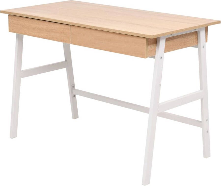 The Living Store Moderne Schrijftafel Eiken en wit 110 x 55 x 75 cm Met 2 lades Schrijftafel Bureaus Eiken Meubilair Witte Meubelen Home Office - Foto 3