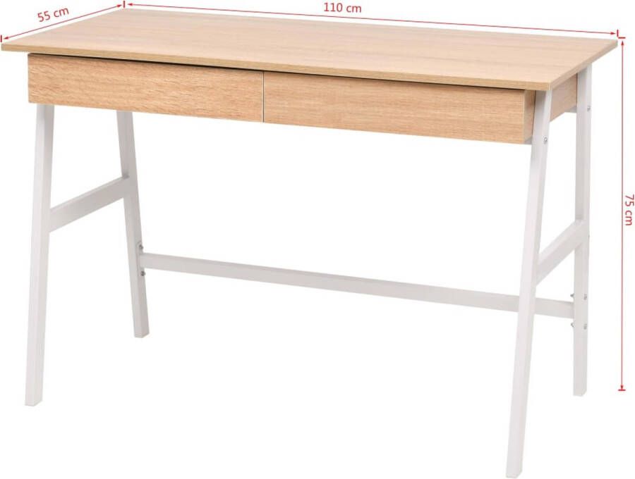 The Living Store Moderne Schrijftafel Eiken en wit 110 x 55 x 75 cm Met 2 lades Schrijftafel Bureaus Eiken Meubilair Witte Meubelen Home Office - Foto 2