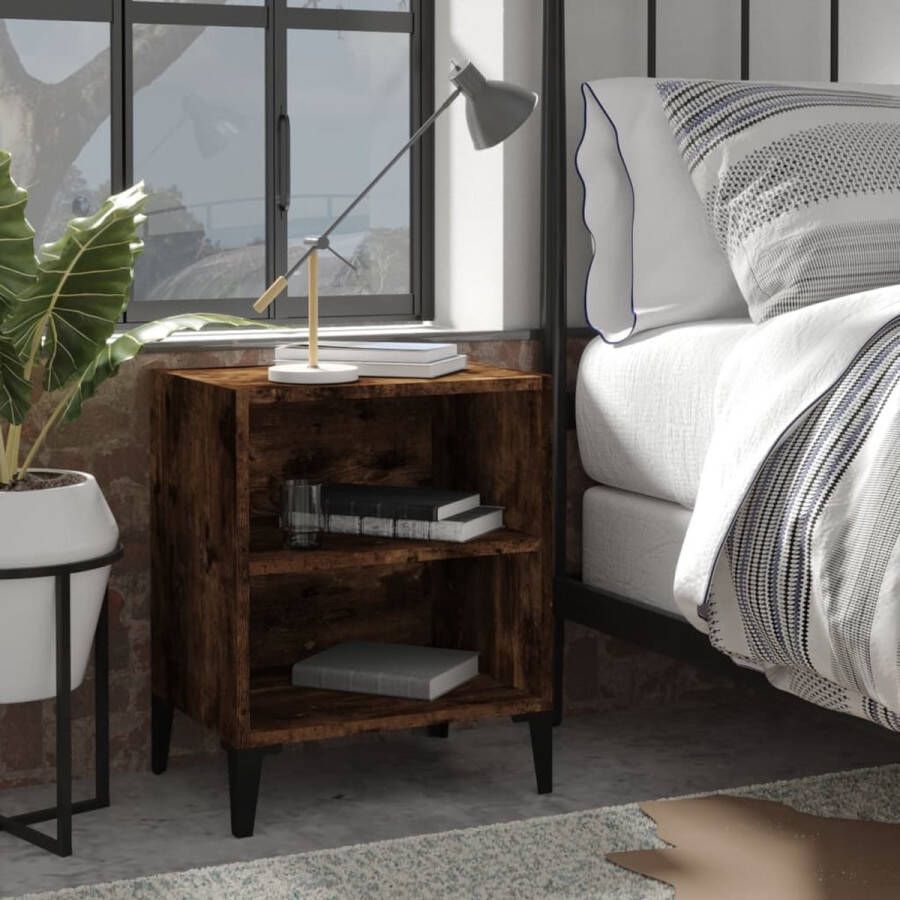 The Living Store Nachtkastjes 2 st met metalen poten 40x30x50 cm gerookt eiken Nachtkastje Industrieel Design Houten Kast Metalen Poten Bruine Kleur - Foto 3