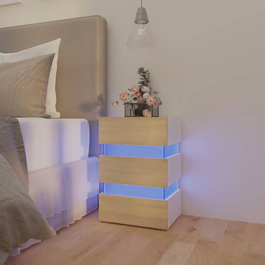 The Living Store Nachtkastje LED-verlichting bewerkt hout 45x35x67 cm wit en sonoma eiken - Foto 2