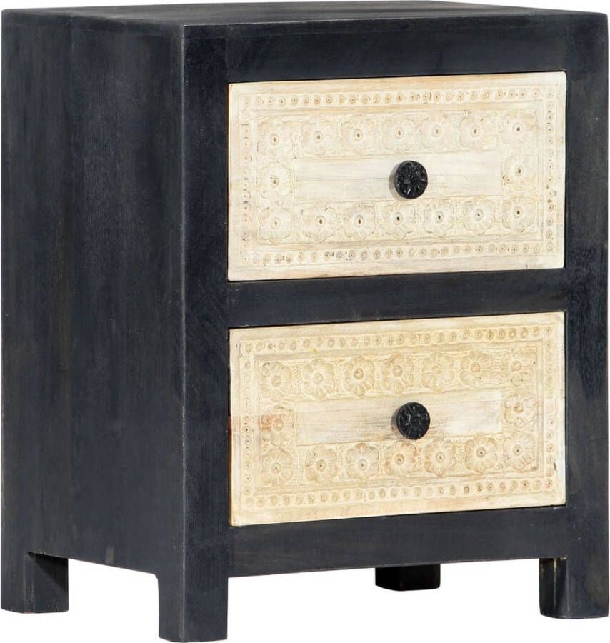 The Living Store Nachtkastje Massief mangohout 40 x 30 x 50 cm Handgesneden patroon Nachtkastje Mangohouten Meubilair Design Slaapkamer Vintage Stijl Houten Lade