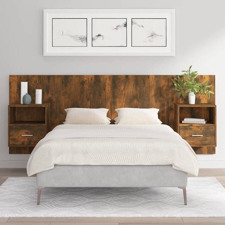 The Living Store Hoofdbord en Nachtkastjes Gerookt eiken Stevig materiaal Wandmontage Opbergruimte Afmetingen- 120 x 80 cm Montage vereist