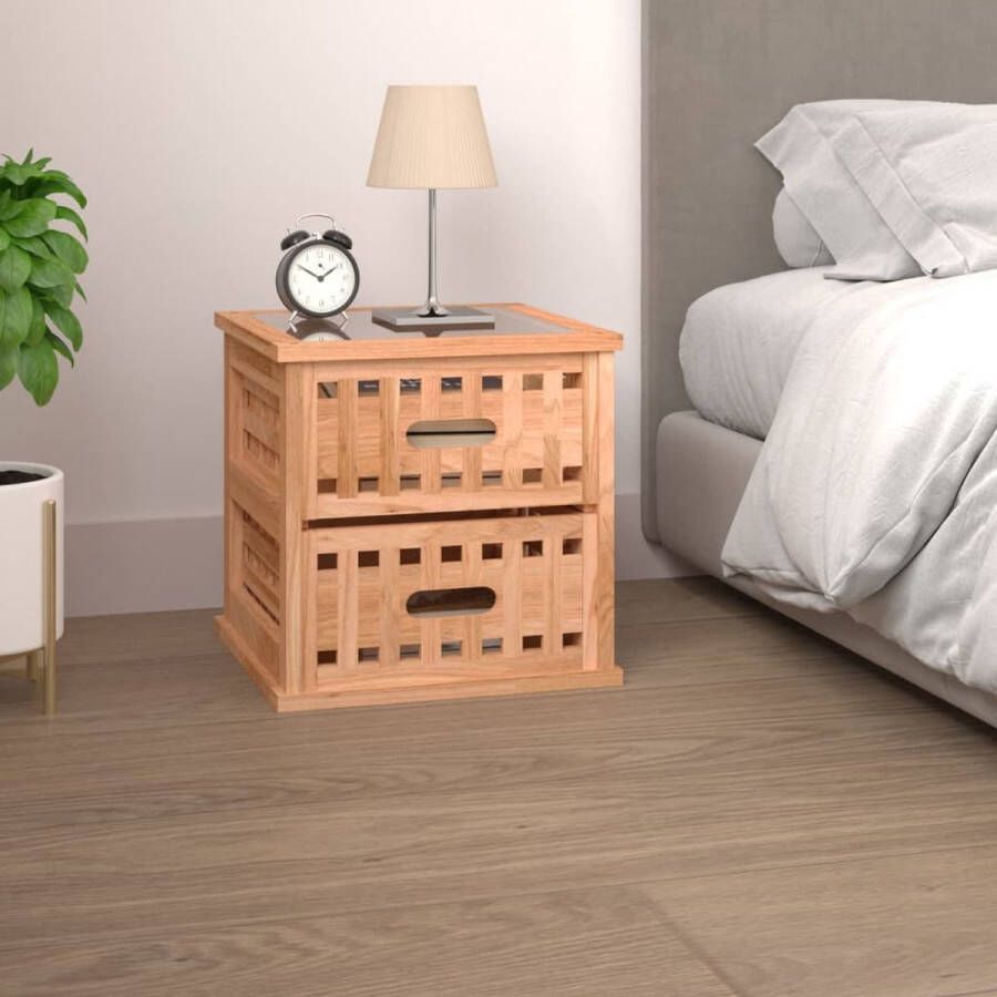 The Living Store Nachtkastje Walnotenhout 34 x 34 x 34 cm Met lades en glazen blad Nachtkastje Kastje Walnotenhout Slaapkamermeubel Sidetable - Foto 2