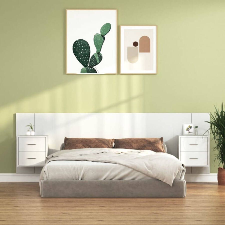 The Living Store Nachtkastjes en Hoofdbord Opbergruimte Stevig bewerkt hout Wandmontage Wit 48.5 x 32.5 x 80 cm 160 x 1.5 x 80 cm Montage vereist