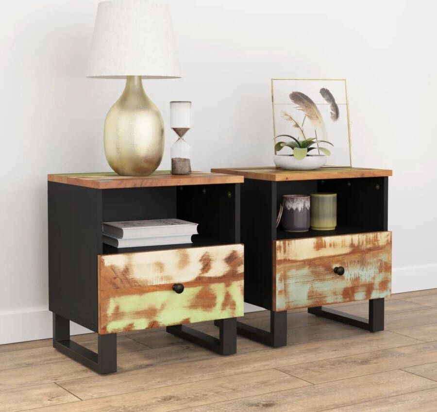 VidaXL Nachtkastjes 2 stuks Gerecycled hout 40x31x46 cm Nachtkastjes Industrieel Design Houten Kast Multifunctionele Kast Vintage Stijl Opbergkast Slaapkamersfeer - Foto 2
