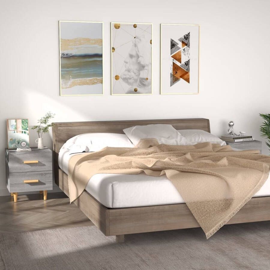 The Living Store Nachtkastjes Scandinavische Stijl Grijs Sonoma Eiken 40x35x47.5 cm 2 Lades Massief Eucalyptushout - Foto 2