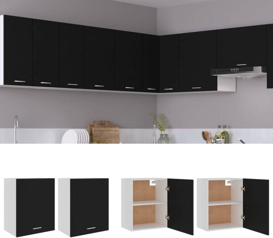 The Living Store Hangkasten Lyon 2 st 50x31x60 cm bewerkt hout zwart Hangkasten Keukenopslag Opslagkast Badkamerkast Houten Kast - Foto 2