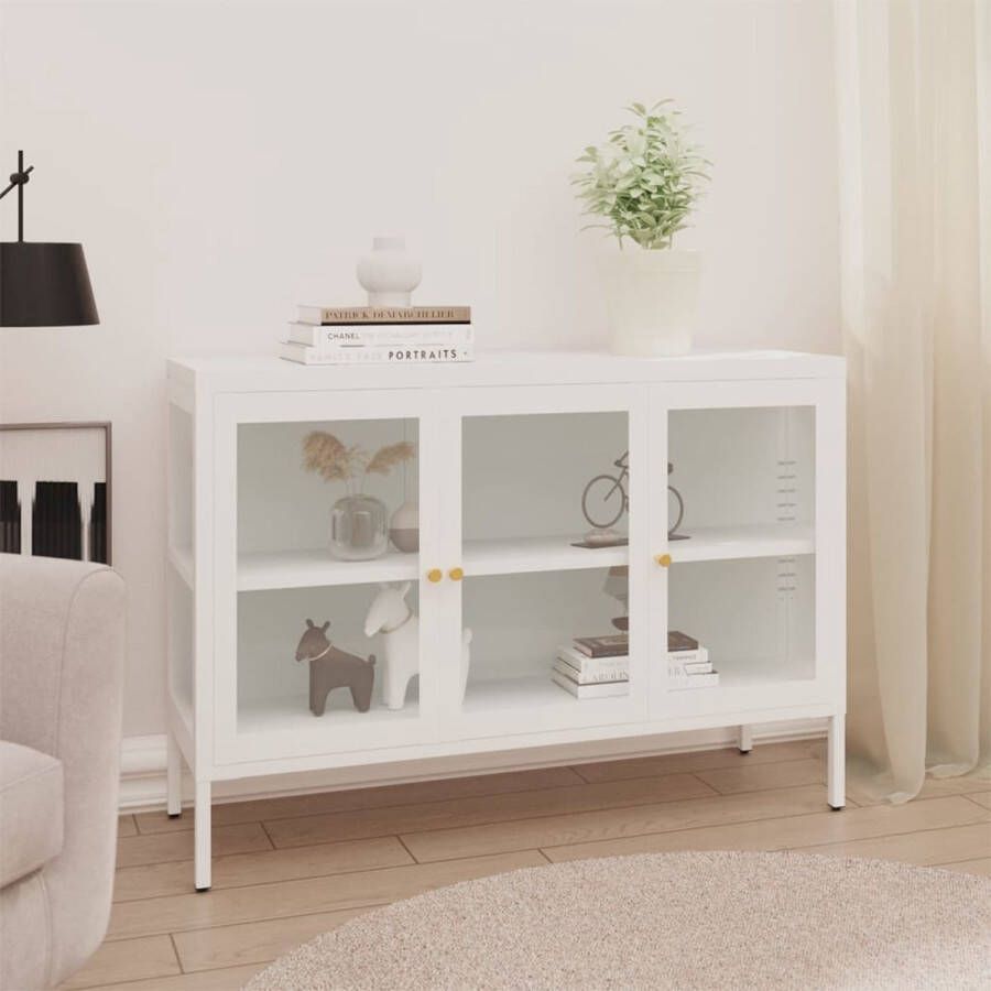 The Living Store Dressoir 105x35x70 cm staal en glas wit Opbergkast Dressoir Staal Kast Witte Kast Salontafel - Foto 2