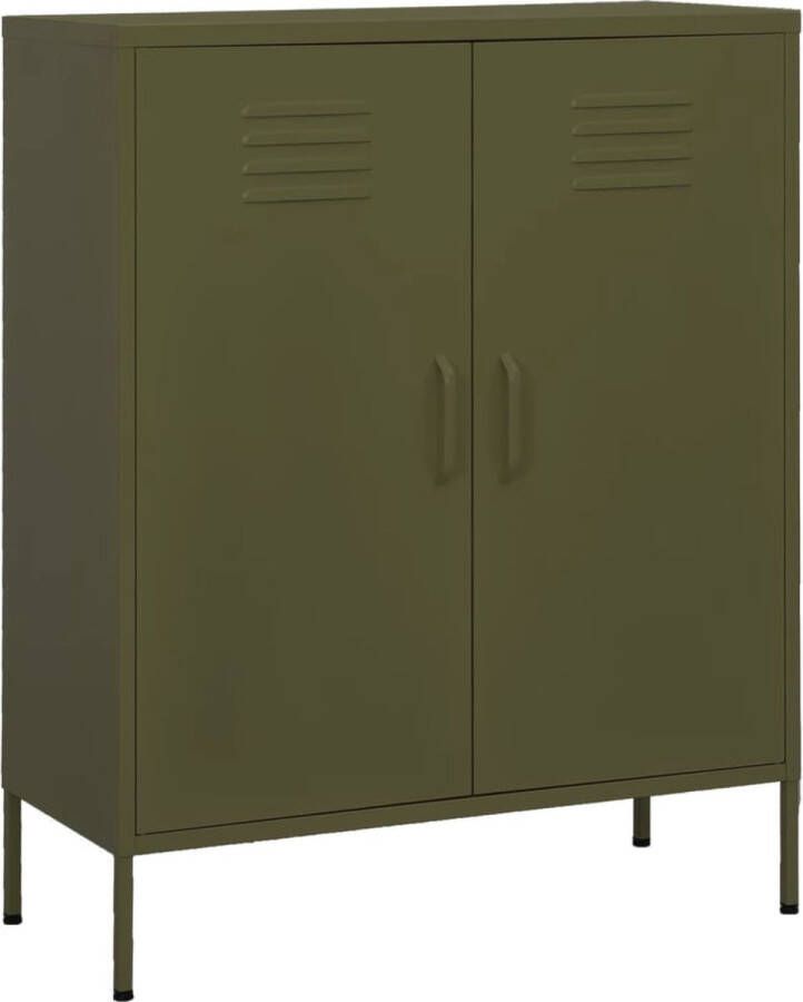 The Living Store Opbergkast zijkast Afmeting- 80 x 35 x 101.5 cm Kleur- olijfgroen Materiaal- staal Opslagruimte Side Table Oliegroene Kast Metalen Kast Living Room Furniture - Foto 2