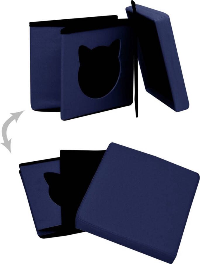 The Living Store Opbergkruk Kattenpatroon 37x33x33cm Blauw MDF Stof - Foto 2