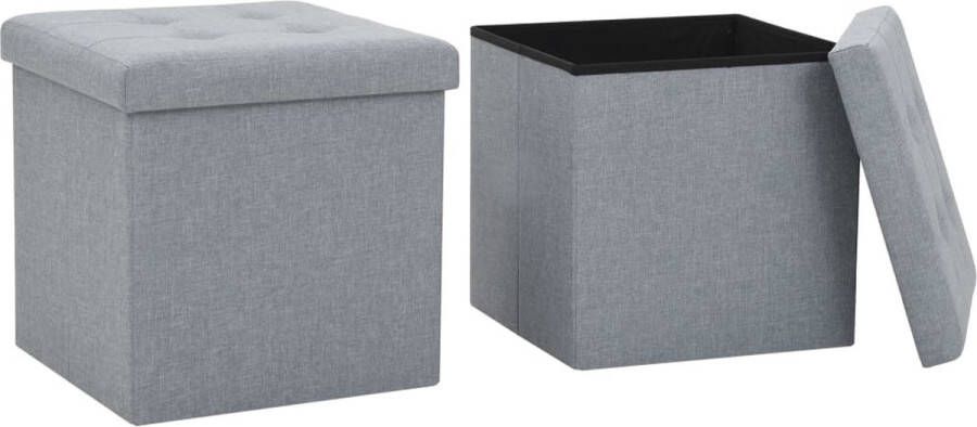 The Living Store Opbergkrukken Set van 2 Lichtgrijs 38x38x38cm Knopen Kunstlinnen MDF Opslagkrukken Opbergbox Stoffen Kruk Kunststof Kruk Multifunctionele Kruk - Foto 3