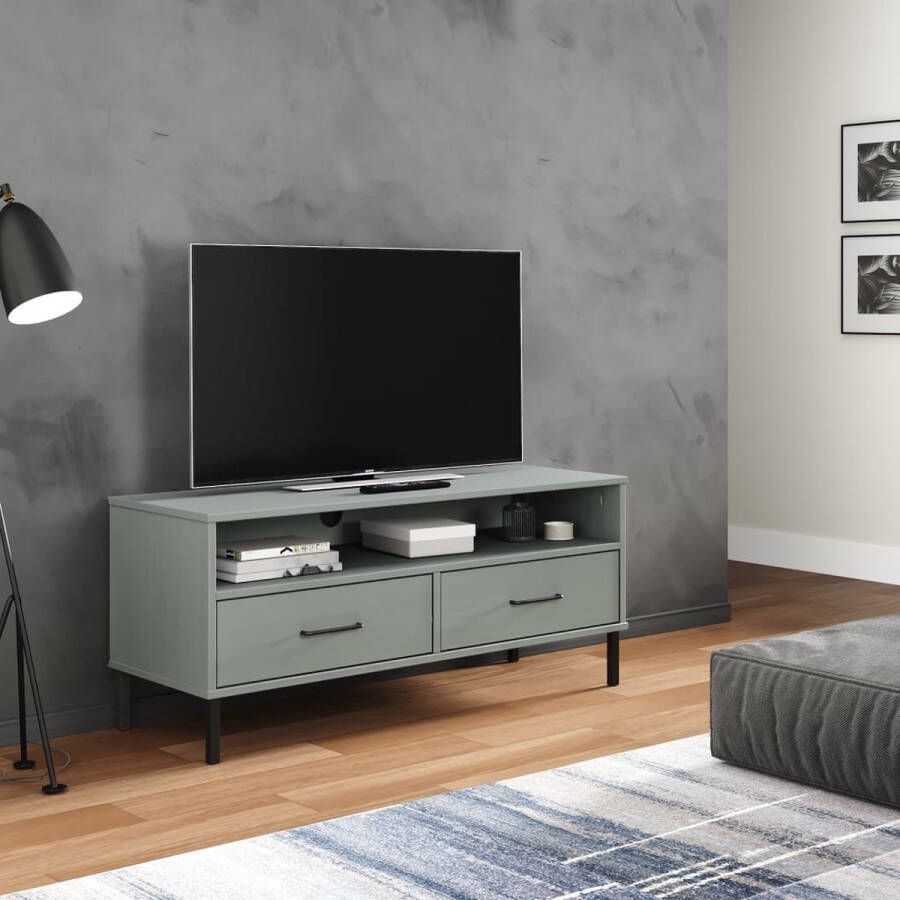 The Living Store OSLO TV-meubel 106 x 40 x 46.5 cm Massief grenenhout Grijs Met lades - Foto 2
