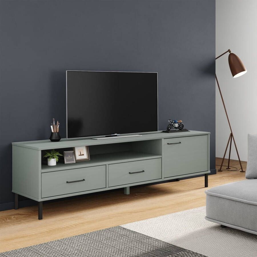 The Living Store OSLO Tv-meubel 158 x 40 x 46.5 cm Grijs Massief grenenhout - Foto 2