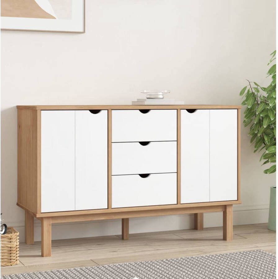 The Living Store OTTA Dressoir 113.5 x 43 x 73 cm Bruin Wit Massief grenenhout Stevig frame 3 lades 2 vakken