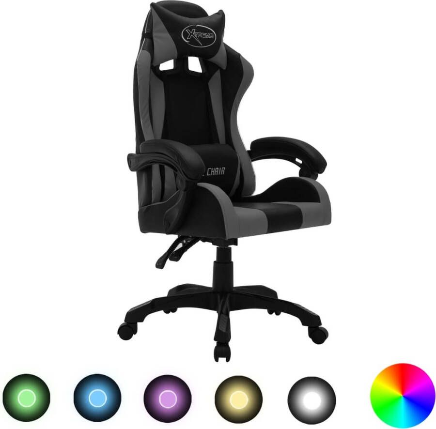 The Living Store Gamestoel Luxe gaming stoel Kunstleer Verstelbaar Met LED verlichting Grijs Zwart 64 x 65 x (111.5 119) cm - Foto 2