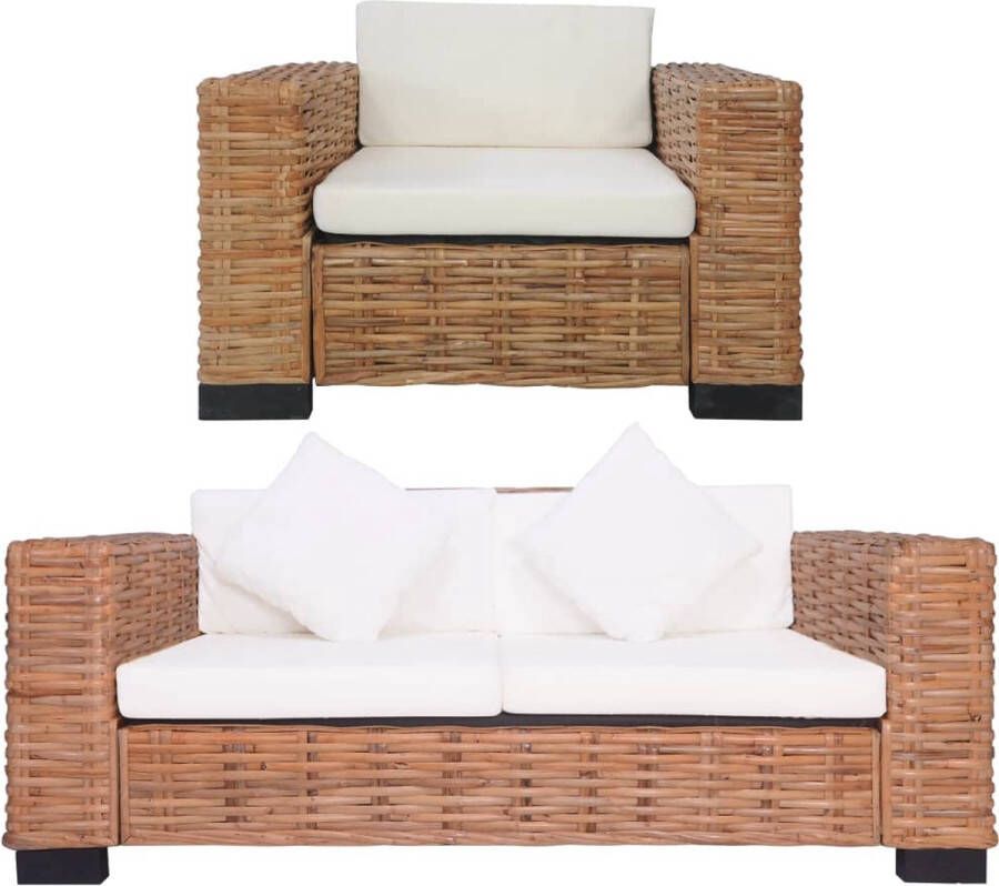 The Living Store Rattan Bankstelset Bruin en Crèmewit 2-zitsbank 157x80x67 cm Comfortabele kussens - Foto 2