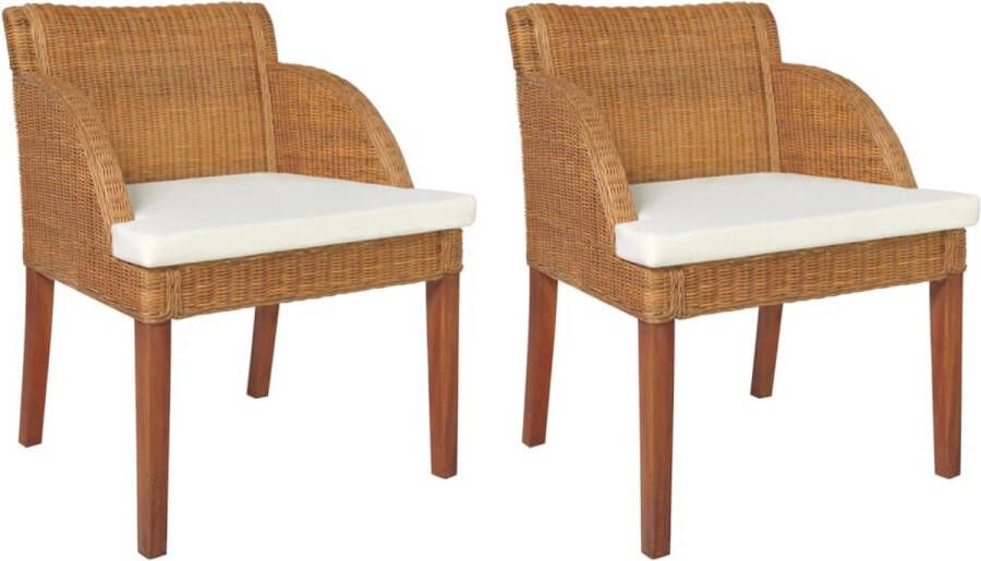 The Living Store Rattan Eetkamerstoelen 60x59x76 cm Lichtbruin Crèmewit kussen - Foto 2