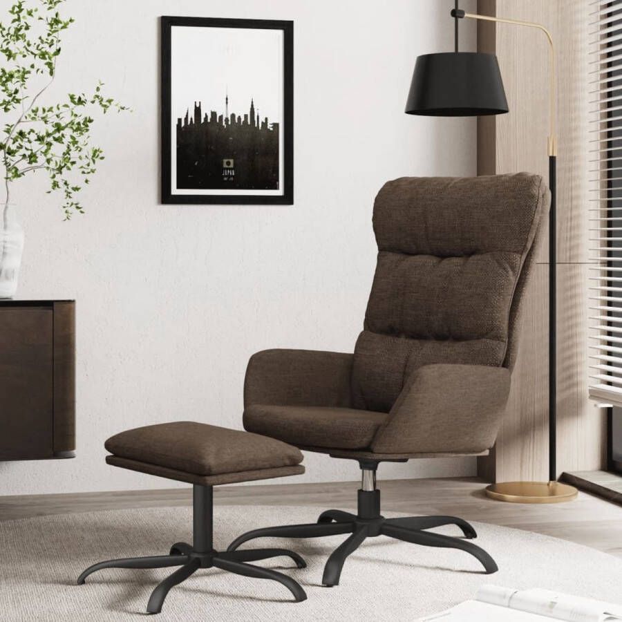 The Living Store Relaxstoel Comfortabele Bruine Stoel met Voetenbank 70 x 77 x 98 cm 360 graden draaibaar Metaal en Multiplex
