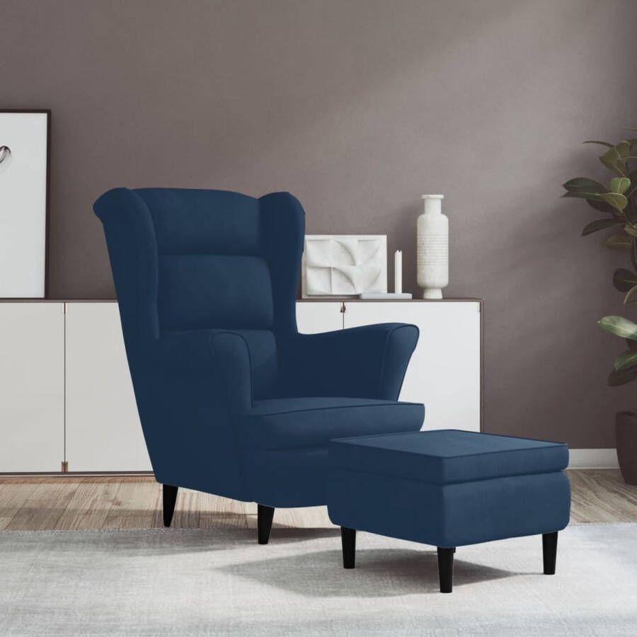 The Living Store Relaxstoel Velvet Blauw Armstoel 81x90x96.5cm + Voetenbank 55x54.5x42cm Multiplex Rubberwood - Foto 2