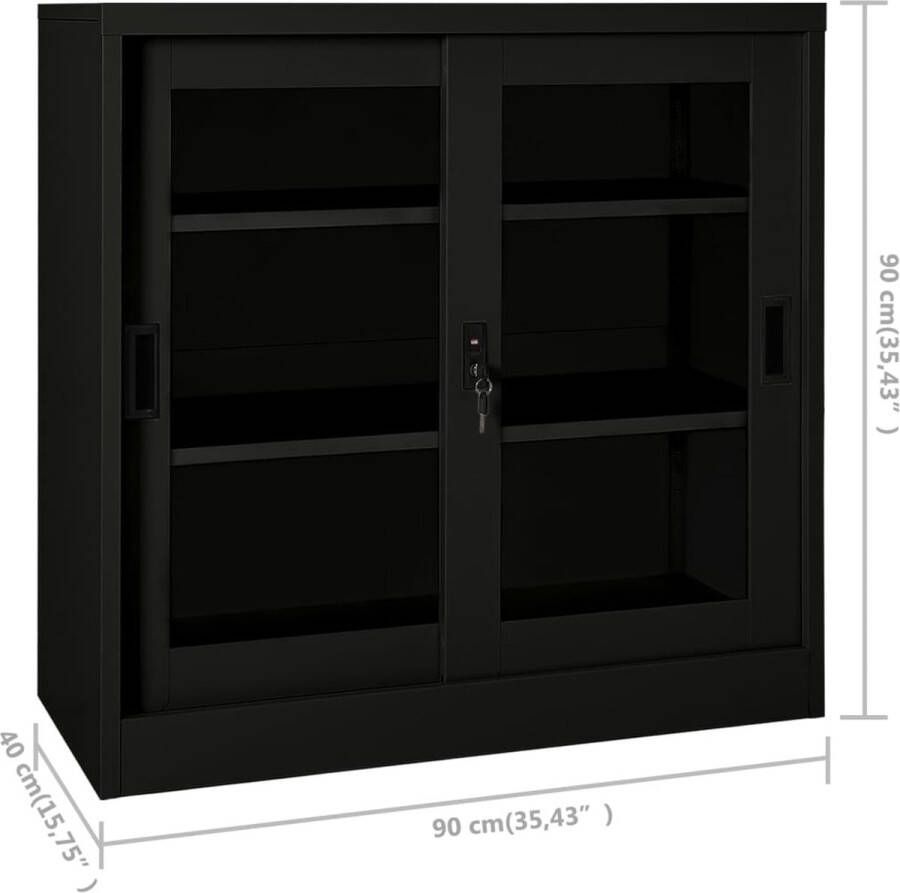 The Living Store Roldeurkast Zwart Staal en Gehard Glas 90 x 40 x 90 cm Met Schuifdeuren 2 Verstelbare Schappen Met Slot - Foto 3