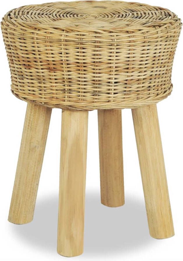 The Living Store Rustieke Rattan Kruk 35 x 45 cm Natuurlijk Rattan en Massief Teakhout Eenvoudig te Monteren Rustieke Kruk Houten Kruk Rattan Kruk Teak Kruk Barkruk - Foto 2