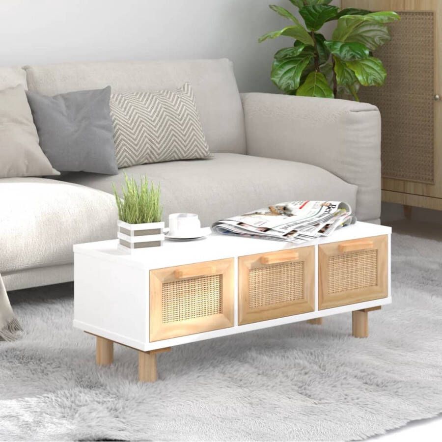 The Living Store Salontafel Naturel Rattan 80 x 40 x 30 cm 3 lades Bewerkt hout Massief grenenhout - Foto 2