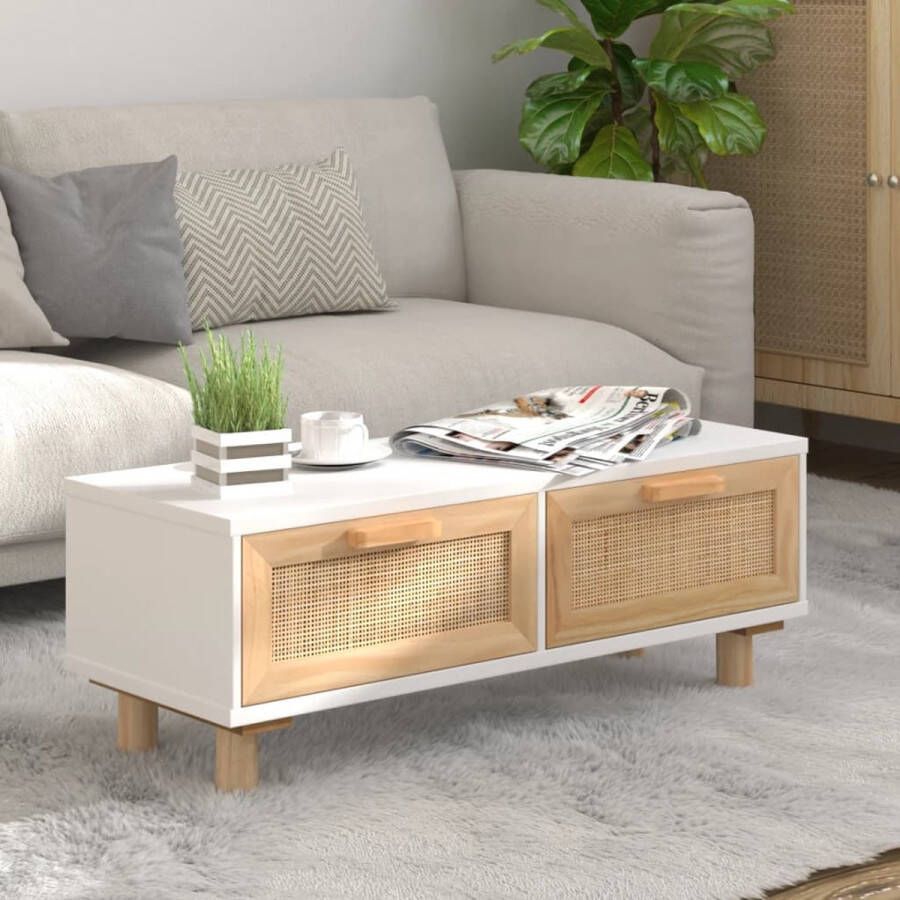 The Living Store Salontafel Rattan 80 x 40 x 30 cm wit bewerkt hout massief grenenhout - Foto 2