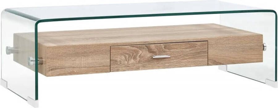 The Living Store Salontafel Transparant en eiken 98 x 45 x 31 cm Gehard veiligheidsglas Met schap en lade - Foto 2