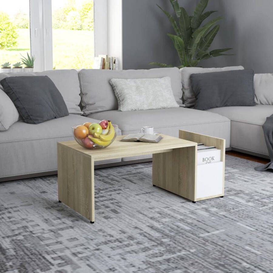 The Living Store Salontafel Geometrisch 90 x 45 x 35 cm Wit Sonoma Eiken - Foto 2