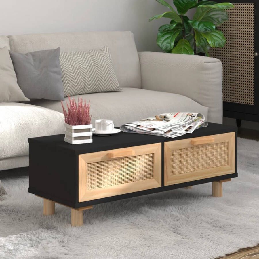 The Living Store Salontafel Naturel Rattan 80 x 40 x 30 cm Zwarte kleur Hoge kwaliteit hout 2 lades Massief grenenhouten poten - Foto 2