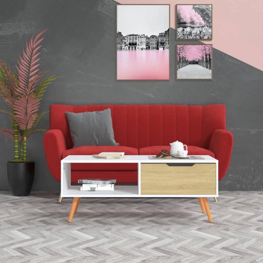 The Living Store Salontafel Spaanplaat 100 x 49.5 x 43 cm Wit en sonoma eiken Montage vereist - Foto 2