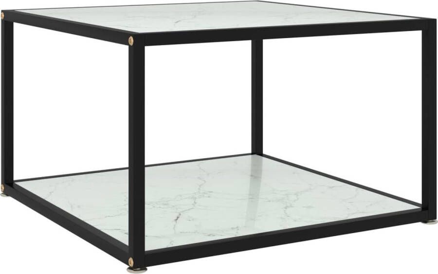 The Living Store Salontafel Uniek 2-Laags Tafeltje 60x60x35 cm Wit Gehard Glas en Gepoedercoat Staal Marmeren Textuur - Foto 2