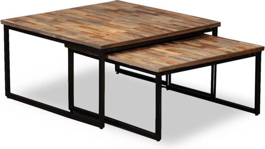 The Living Store Salontafelset Industrieel Gerecycled Teakhout Staal 75x75x39cm 65x65x33cm Uniek - Foto 2