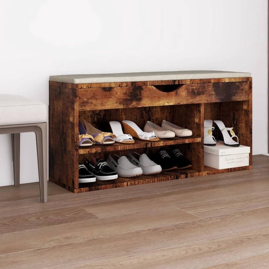 The Living Store Schoenenbank Gerookt Eiken 104 x 30 x 49 cm Praktische Schoenenopberger met Kussen - Foto 2