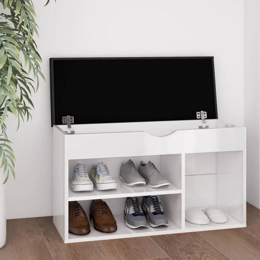 The Living Store Schoenenbank Hoogglans wit 80 x 30 x 47 cm Met kussen - Foto 2