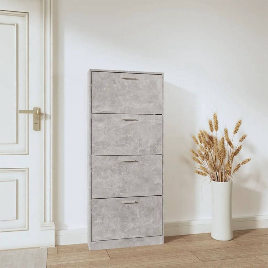 The Living Store Schoenenkast Betongrijs Hout 59x17x150cm 4 Lades - Foto 2