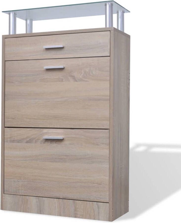 The Living Store Schoenenkast Eiken Houten kast met lade en glazen schap 63 x 24 x 104 cm Schoenenkast Schoenen Organisatie Entree Meubilair Bergruimte Houten Kast - Foto 2