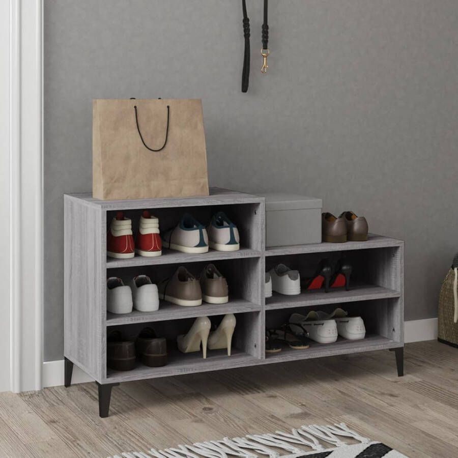 The Living Store Schoenenkast Grijs Sonoma Eiken 102x36x60 cm Bewerkt hout en metaal - Foto 2