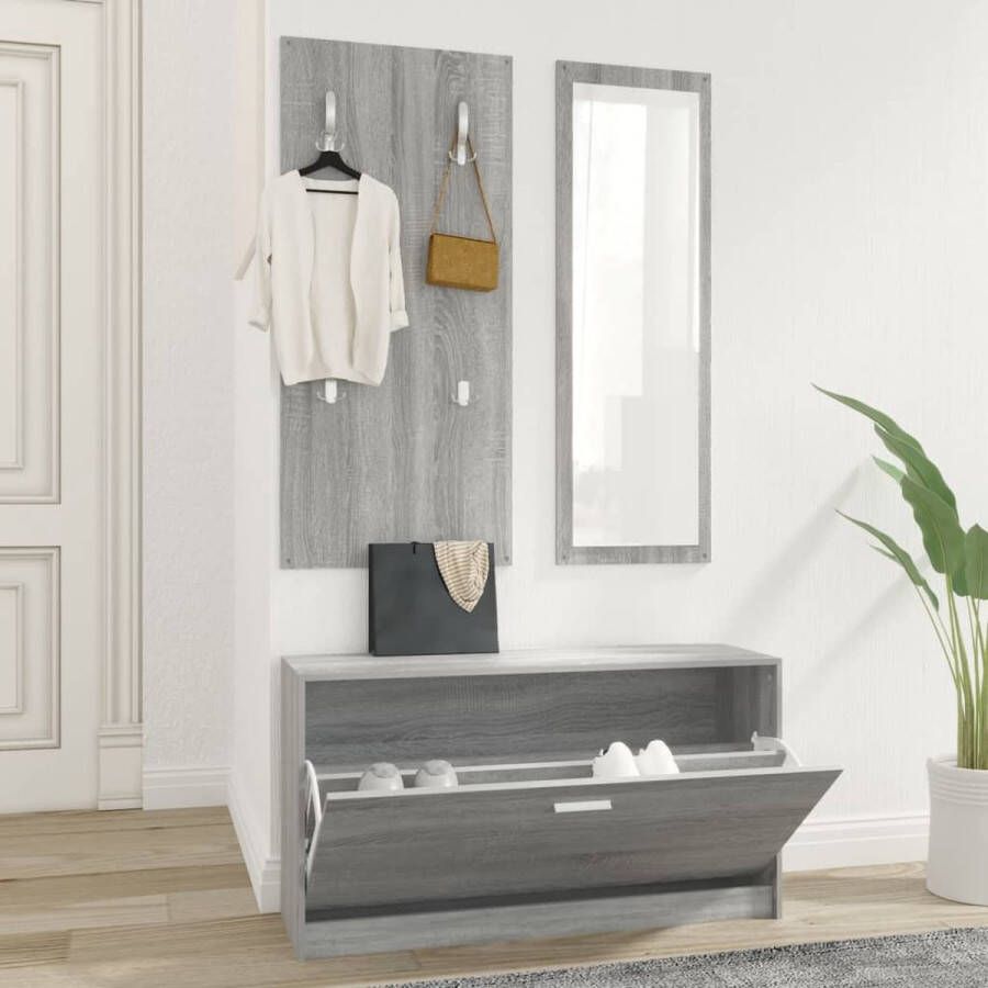 The Living Store Schoenenkast Set Trendy 3-in-1 Grijs Sonoma Eiken 80x27x46.5cm Met Kapstok en Spiegel Schoenenkast Schoenen Kast Garderobe Bergruimte Interieurdecoratie