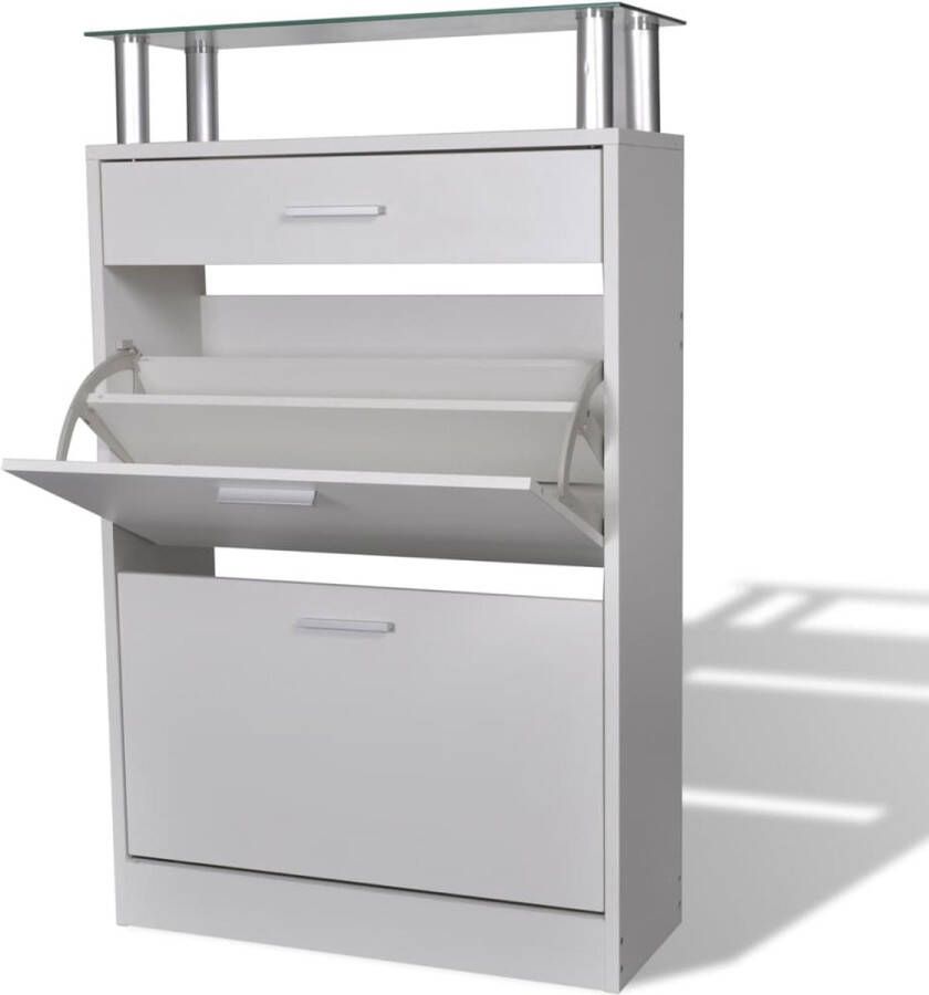 The Living Store Schoenenkast Wit 63x24x104cm Houten kast met lade en glazen schap Schoenenkast Schoenen Organisatie Witte Schoenenkast Houtsoort Bergruimte - Foto 3