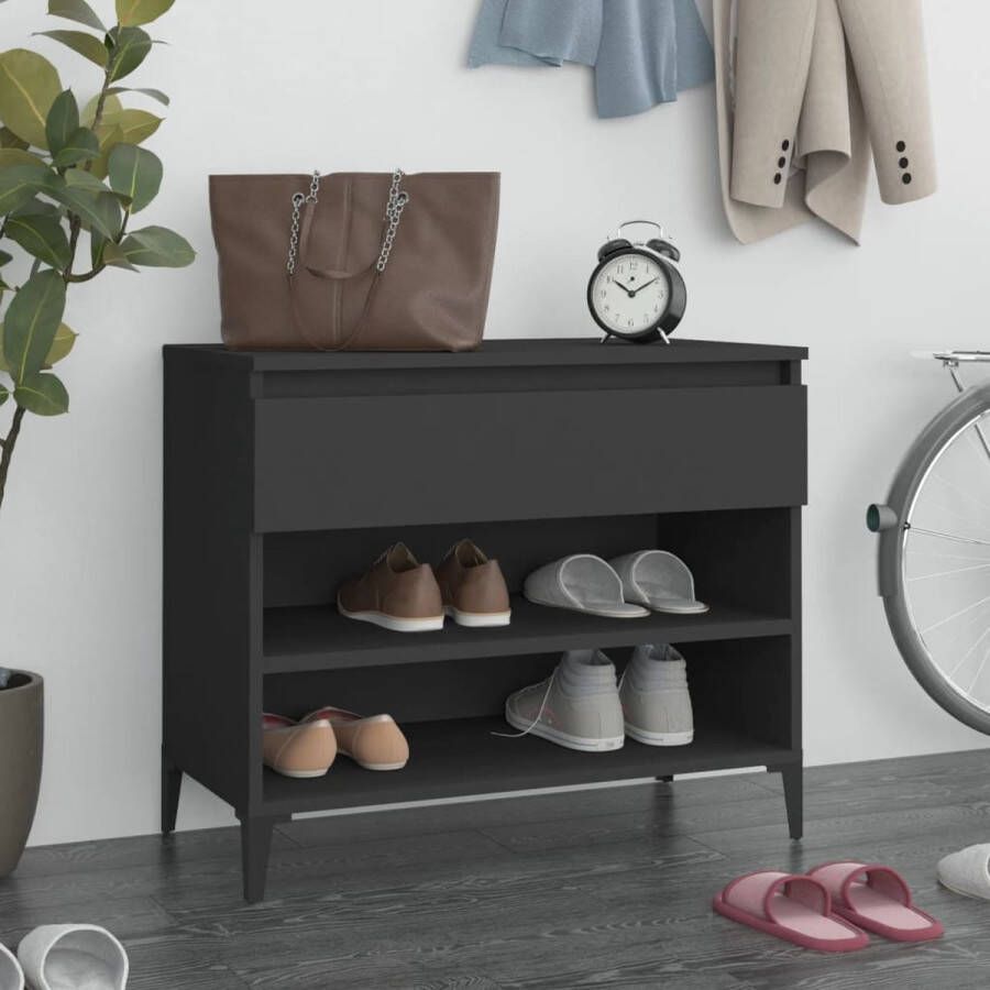 The Living Store Schoenenkast Zwarte bewerkte houten kast 70 x 36 x 60 cm