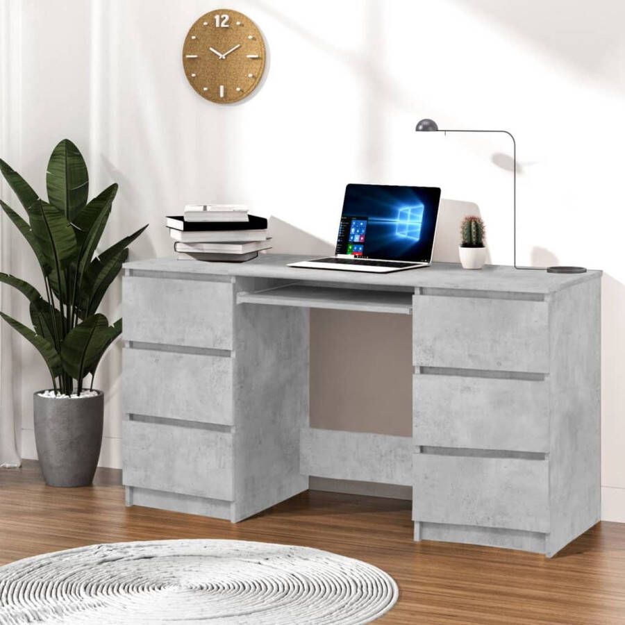 The Living Store Schrijftafel Bewerkt Hout 140 x 50 x 77 cm Betongrijs Met 6 lades Schreibtafel Bureaublad Home Office Houten Bureau Grijze Meubels - Foto 3
