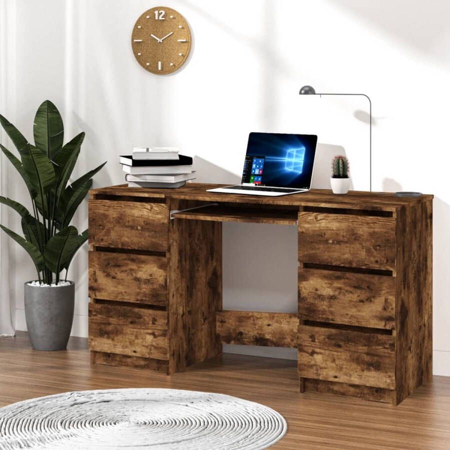 The Living Store Schrijftafel Gerookt Eiken 140 x 50 x 77 cm Opbergruimte Schrijftafel Bureau Houten Bureau Kantoormeubilair Home Office - Foto 3