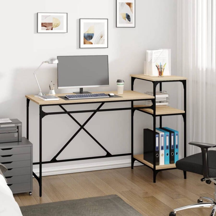 The Living Store Bureau schappen 135x50x90 bewerkt hout en ijzer sonoma eiken Schreibtafel Industrieel Bureau Houten Bureau Bureaus Met Vakken Sonoma Eiken Bureau - Foto 3