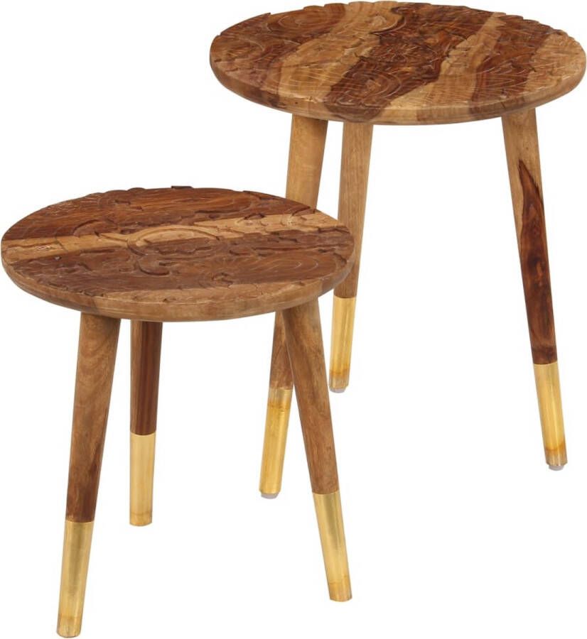 The Living Store Sheeshamhouten Salontafels Set van 2 40 x 40 x 45 cm 35 x 35 x 37 cm Met Graveringen Salontafel Sheeshamhouten Tafel Houten Salontafel Vintage Salontafel Bijzettafel - Foto 2