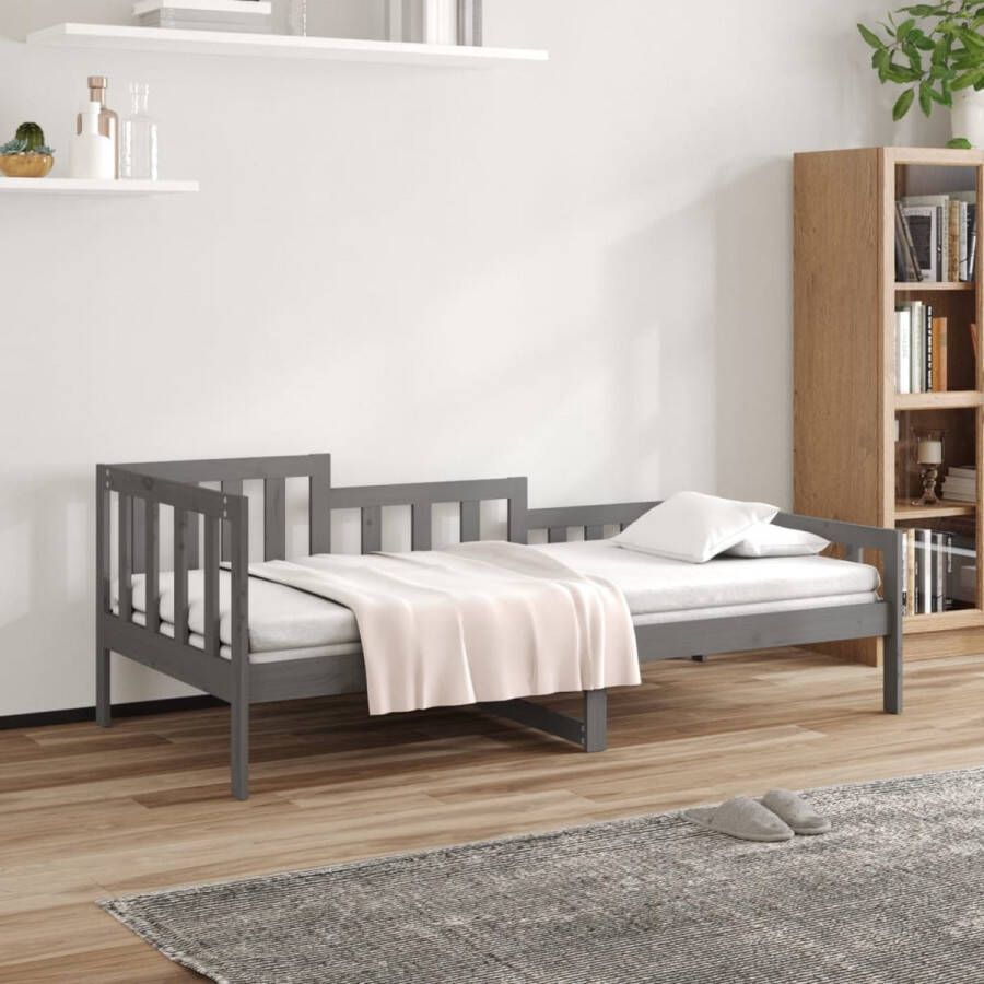 The Living Store Slaapbank Massief Grenenhout Logeerbed met 3-zijdig bedhek Gelat ontwerp Grijs 203.5 x 96 x 68.5 cm Slaapbank Logeerbed Grenenhout Meubilair Massief Hout Bed Hek